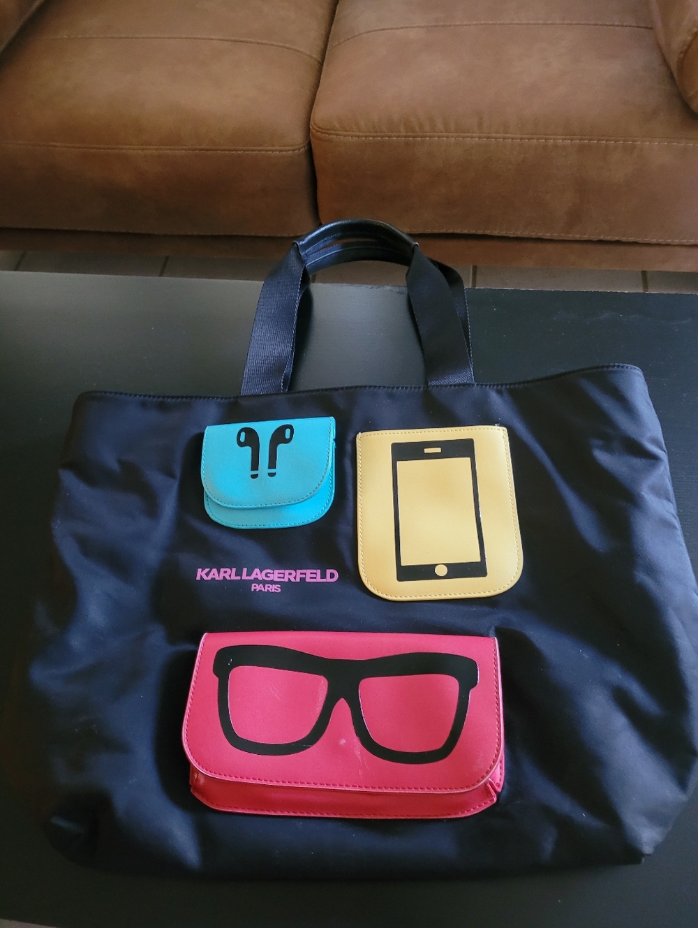 Karl Lagerfeld Black Tote with Teal, Yellow & Pink Pocket Appliqués